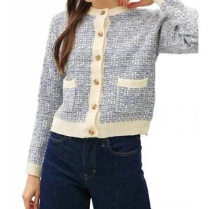 NEW BE COOL timeless polished tweed knit crewneck cardigan in cream soft blue